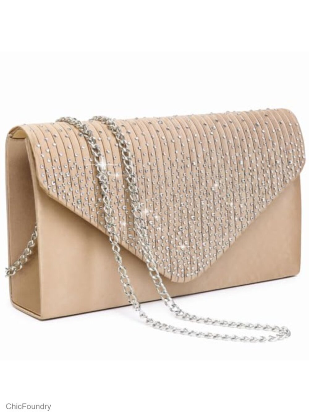 Rhinestone Frosted Satin Evening Clutch Purse with Detachable Chain Strap